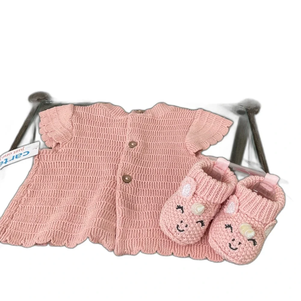 NWT Carter's Baby Girls' Newborn Pink Unicorn Knit  Cotton Booties & top 2pc set